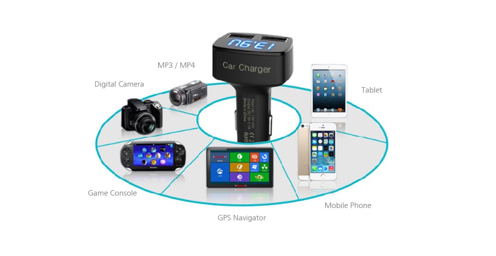 EC2 4 in 1 3.1A Dual USB Ports Car Charger with Voltage Current Temperature Display- Black EC2 4 in 1 3.1A Dual USB Ports Car Charger with Voltage Current Temperature Display- Black