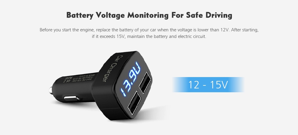 EC2 4 in 1 3.1A Dual USB Ports Car Charger with Voltage Current Temperature Display- Black EC2 4 in 1 3.1A Dual USB Ports Car Charger with Voltage Current Temperature Display- Black