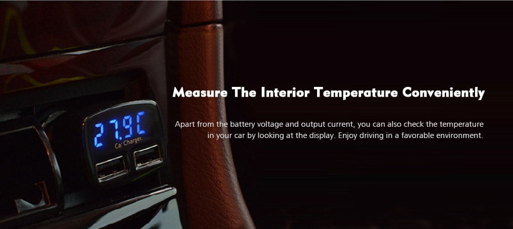 EC2 4 in 1 3.1A Dual USB Ports Car Charger with Voltage Current Temperature Display- Black EC2 4 in 1 3.1A Dual USB Ports Car Charger with Voltage Current Temperature Display- Black