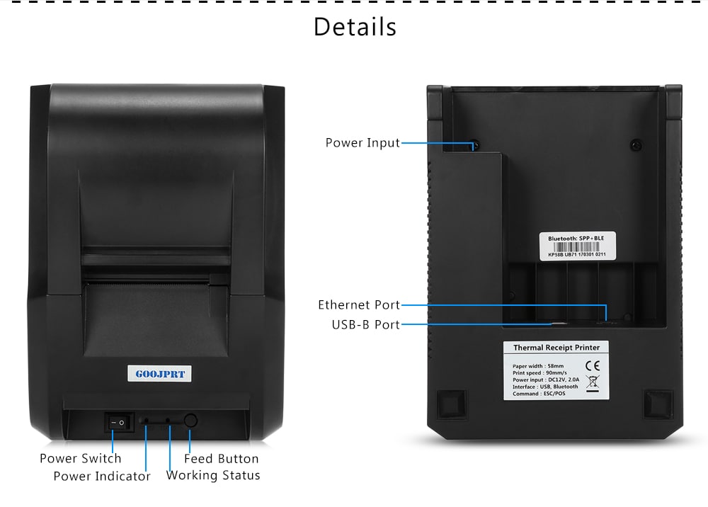 GOOJPRT 58H - USB 58MM Thermal Printer Receipt Printing Machine - Black CN PLUG GOOJPRT 58H - USB 58MM Thermal Printer Receipt Printing Machine - Black CN PLUG