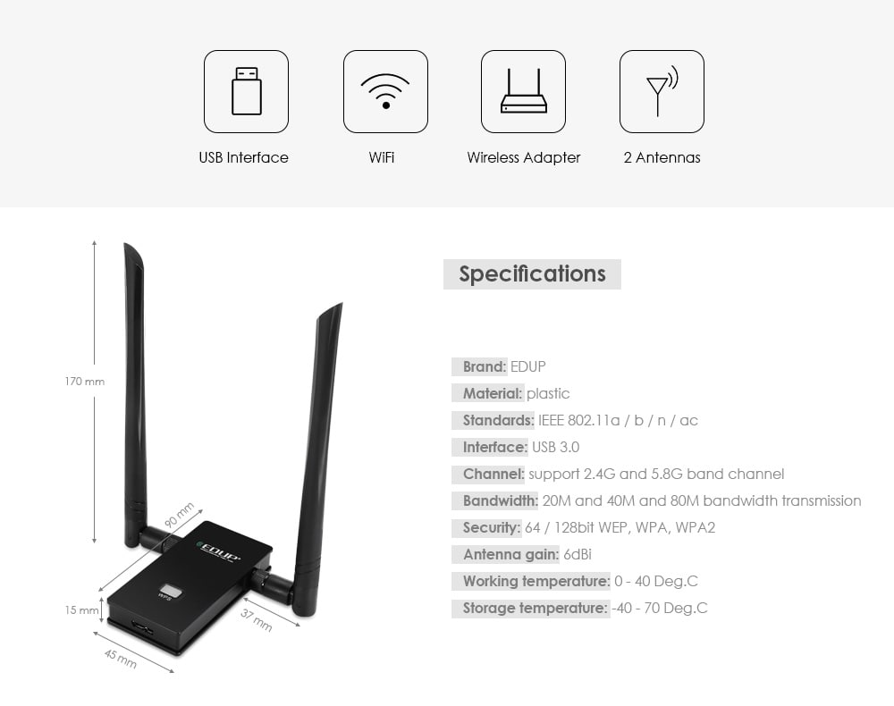 EDUP 1200Mbps Dual Band Wireless USB WiFi Adapter- Black EDUP 1200Mbps Dual Band Wireless USB WiFi Adapter- Black