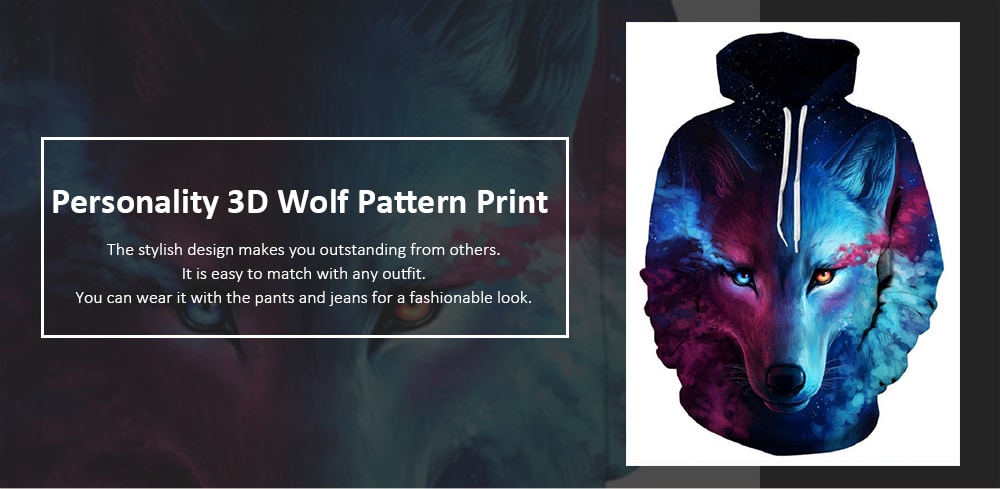 Star Sky Wolf Digital Print Sweater Couples Baseball Wear Hooded Hoodie- Blue 3XL Star Sky Wolf Digital Print Sweater Couples Baseball Wear Hooded Hoodie- Blue 3XL