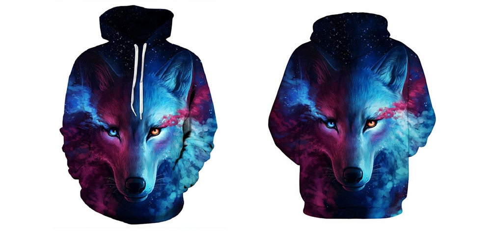 Star Sky Wolf Digital Print Sweater Couples Baseball Wear Hooded Hoodie- Blue 3XL Star Sky Wolf Digital Print Sweater Couples Baseball Wear Hooded Hoodie- Blue 3XL