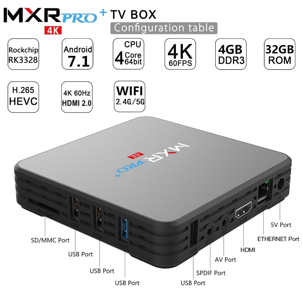 MXR Pro + TV Box 4GB RAM + 32GB ROM RK3328 / 2.4G + 5G WiFi / USB3.0 / BT4.0 / 100Mbps / 4K VP9- Black US Plug MXR Pro + TV Box 4GB RAM + 32GB ROM RK3328 / 2.4G + 5G WiFi / USB3.0 / BT4.0 / 100Mbps / 4K VP9- Black US Plug