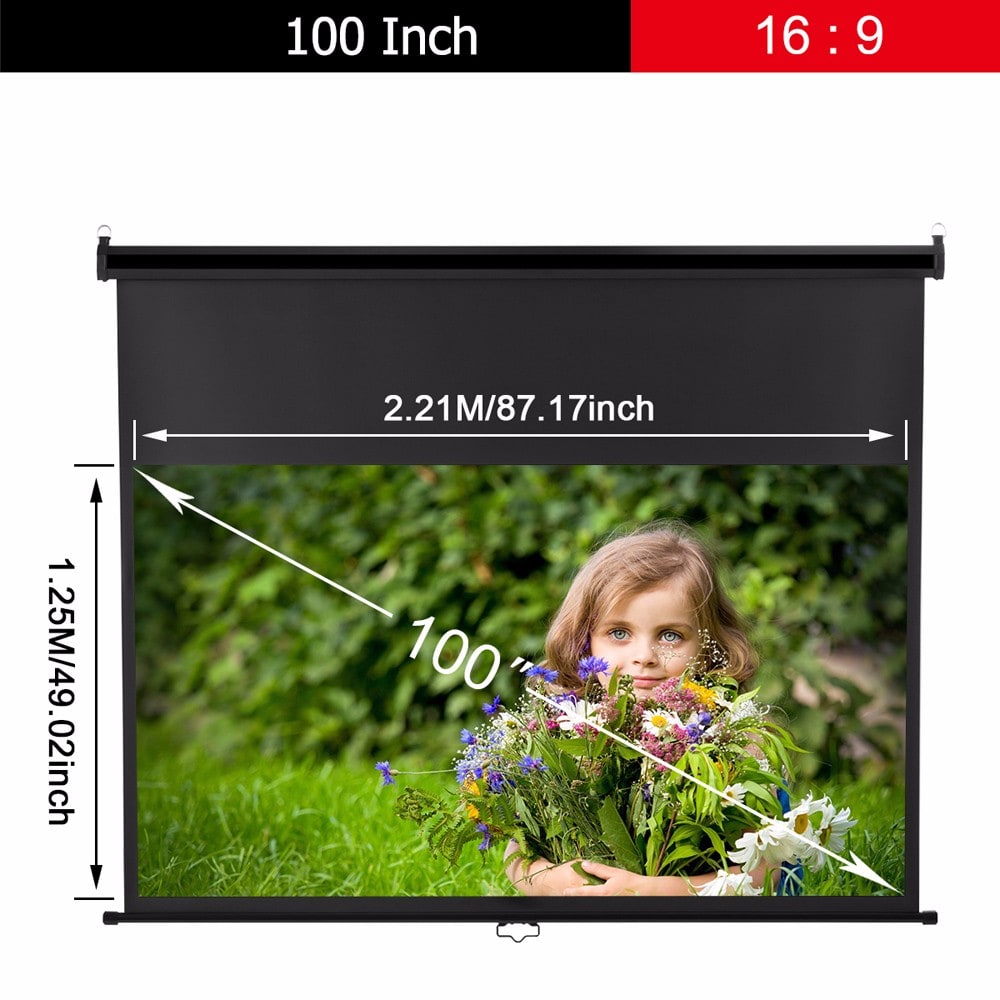 Excelvan 100 inch Diagonal 16:9 Ratio 1.2 Gain Manual Pull Down Projection Projector Screen Suitable For 1080P DTV/Sports/Movies/Presentations with Auto Locking Device- Black Excelvan 100 inch Diagonal 16:9 Ratio 1.2 Gain Manual Pull Down Projection Projector Screen Suitable For 1080P DTV/Sports/Movies/Presentations with Auto Locking Device- Black