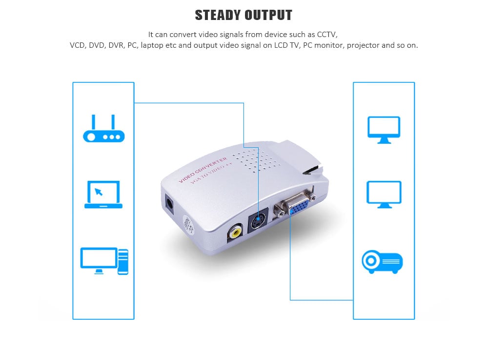 VGA to AV Converter VGA to VIDEO Switch with S Terminal TV Converter Computer Monitor- Silver VGA to AV Converter VGA to VIDEO Switch with S Terminal TV Converter Computer Monitor- Silver