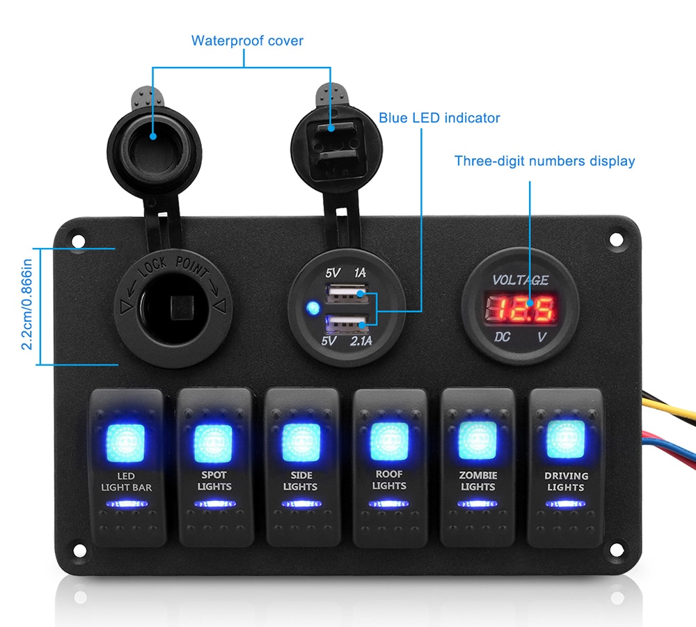 Excelvan 5PIN Dual Lamp 6-position Switch Cigarette Lighter Seat Dual-USB Voltmeter Combination Panel- Black Excelvan 5PIN Dual Lamp 6-position Switch Cigarette Lighter Seat Dual-USB Voltmeter Combination Panel- Black
