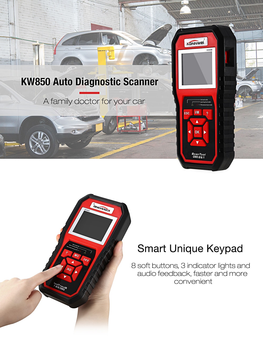 Konnwei KW850 Universal OBD II / EOBD Auto Diagnostic Scanner TFT Color Display / Multiple Languages - Red Konnwei KW850 Universal OBD II / EOBD Auto Diagnostic Scanner TFT Color Display / Multiple Languages - Red