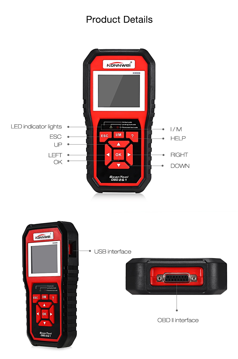 Konnwei KW850 Universal OBD II / EOBD Auto Diagnostic Scanner TFT Color Display / Multiple Languages - Red Konnwei KW850 Universal OBD II / EOBD Auto Diagnostic Scanner TFT Color Display / Multiple Languages - Red