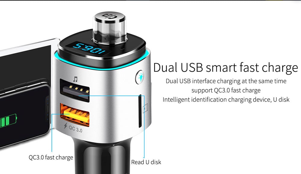 Alfawise QC3.0 Bluetooth 4.2 FM Transmitter Car Charger- Silver Alfawise QC3.0 Bluetooth 4.2 FM Transmitter Car Charger- Silver