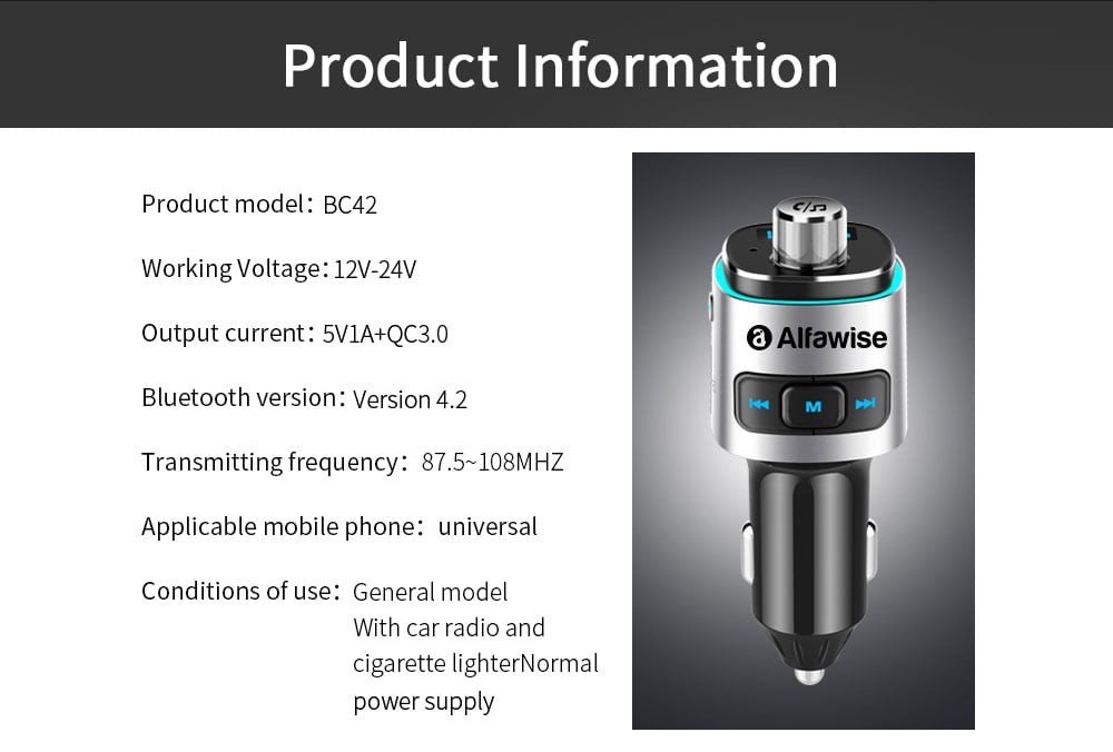 Alfawise QC3.0 Bluetooth 4.2 FM Transmitter Car Charger- Silver Alfawise QC3.0 Bluetooth 4.2 FM Transmitter Car Charger- Silver