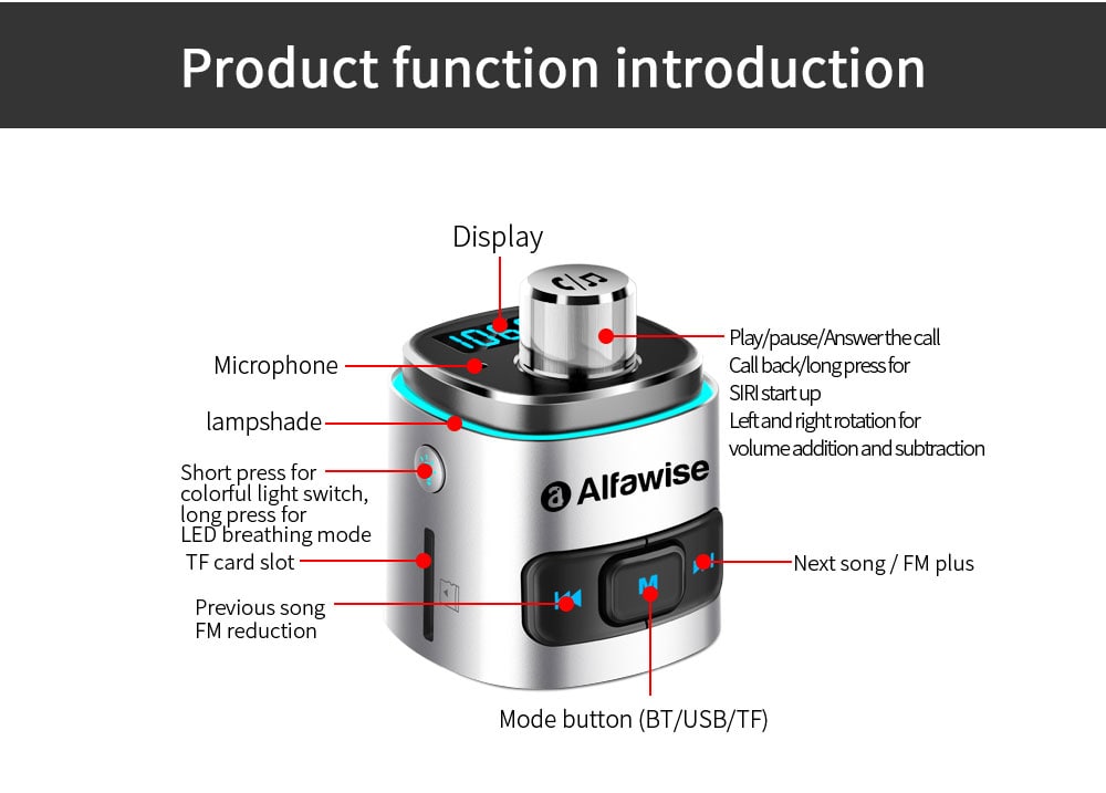 Alfawise QC3.0 Bluetooth 4.2 FM Transmitter Car Charger- Silver Alfawise QC3.0 Bluetooth 4.2 FM Transmitter Car Charger- Silver