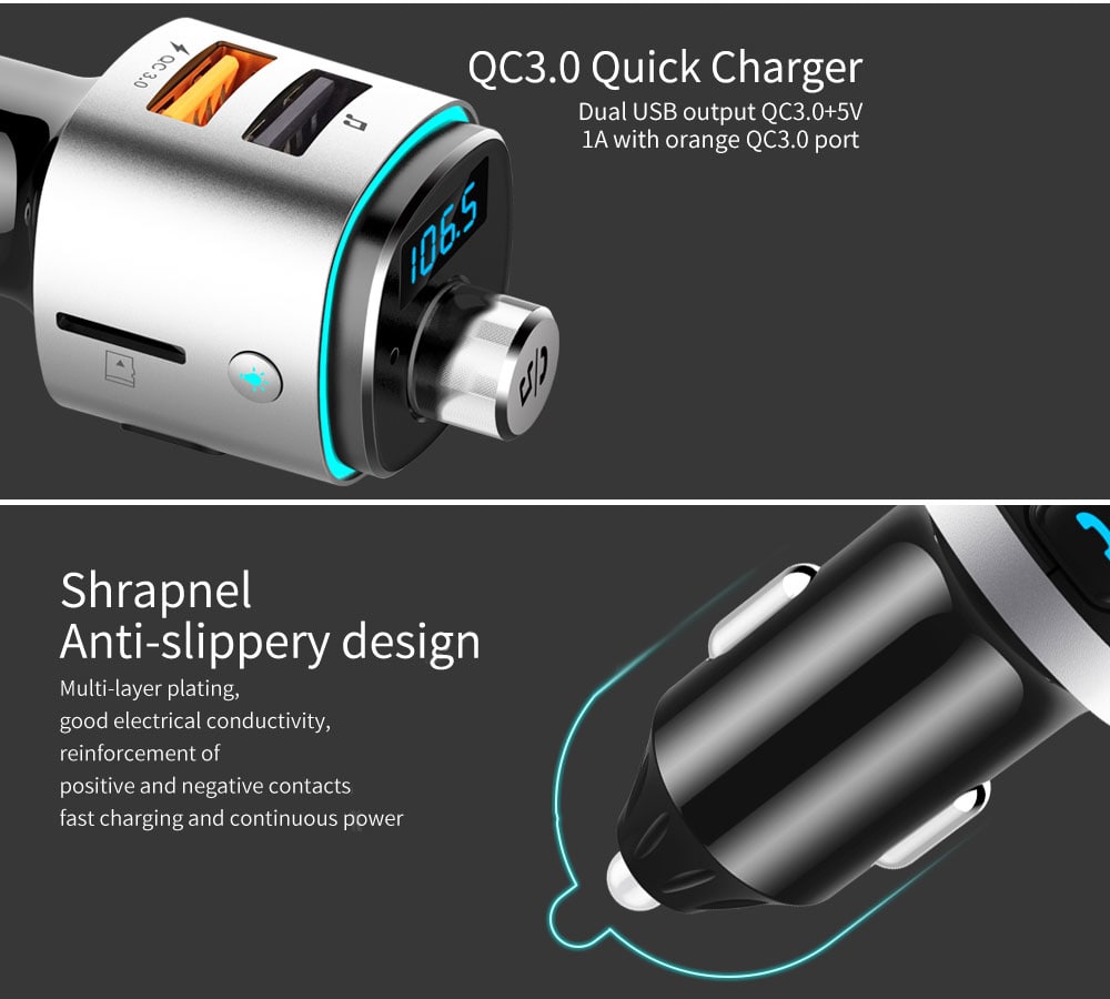 Alfawise QC3.0 Bluetooth 4.2 FM Transmitter Car Charger- Silver Alfawise QC3.0 Bluetooth 4.2 FM Transmitter Car Charger- Silver