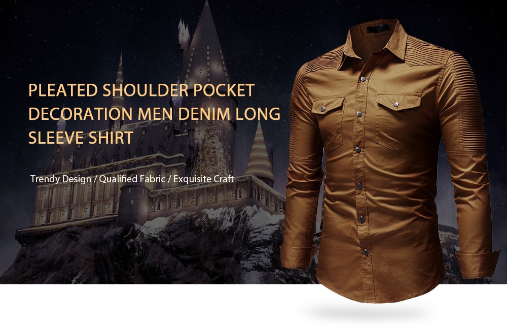 Pleated Shoulder Pocket Decoration Men's Denim Long Sleeve Shirt- Black M Pleated Shoulder Pocket Decoration Men's Denim Long Sleeve Shirt- Black M