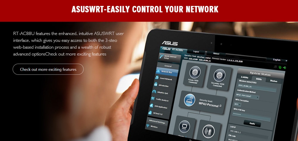 ASUS RT-AC88U Wireless Router MIMO Technology Dual Band Network WiFi Repeater- Black ASUS RT-AC88U Wireless Router MIMO Technology Dual Band Network WiFi Repeater- Black