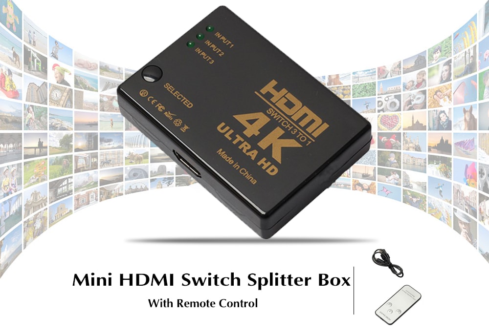 4K Mini HDMI Switch Splitter Box with Remote Control- Black 3 in 1 out 4K Mini HDMI Switch Splitter Box with Remote Control- Black 3 in 1 out