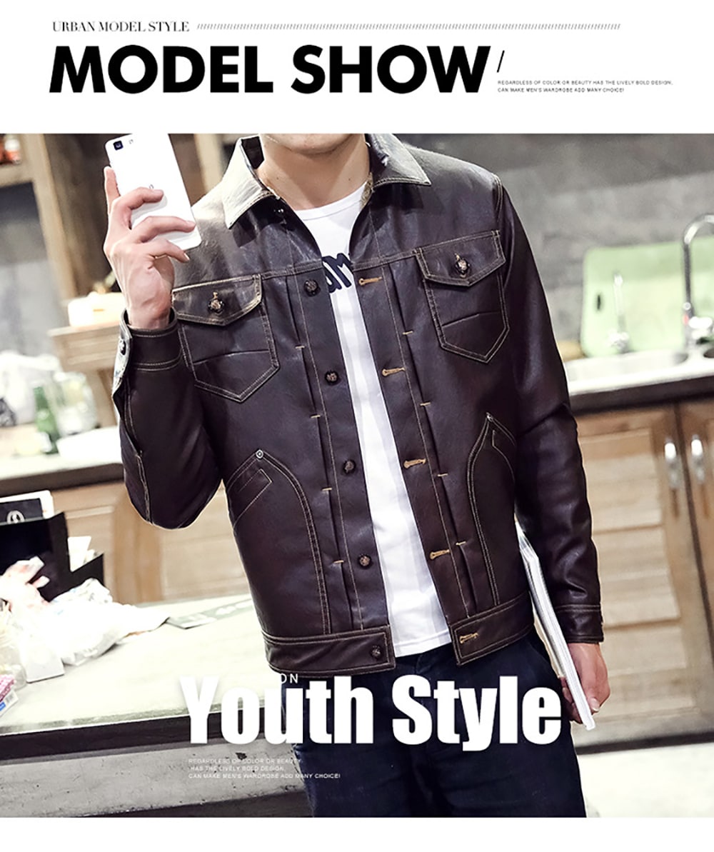 Winter Men's Casual Pu Leather Multi-Pocket Turn-Down Leather Jacket- Coffee M Winter Men's Casual Pu Leather Multi-Pocket Turn-Down Leather Jacket- Coffee M