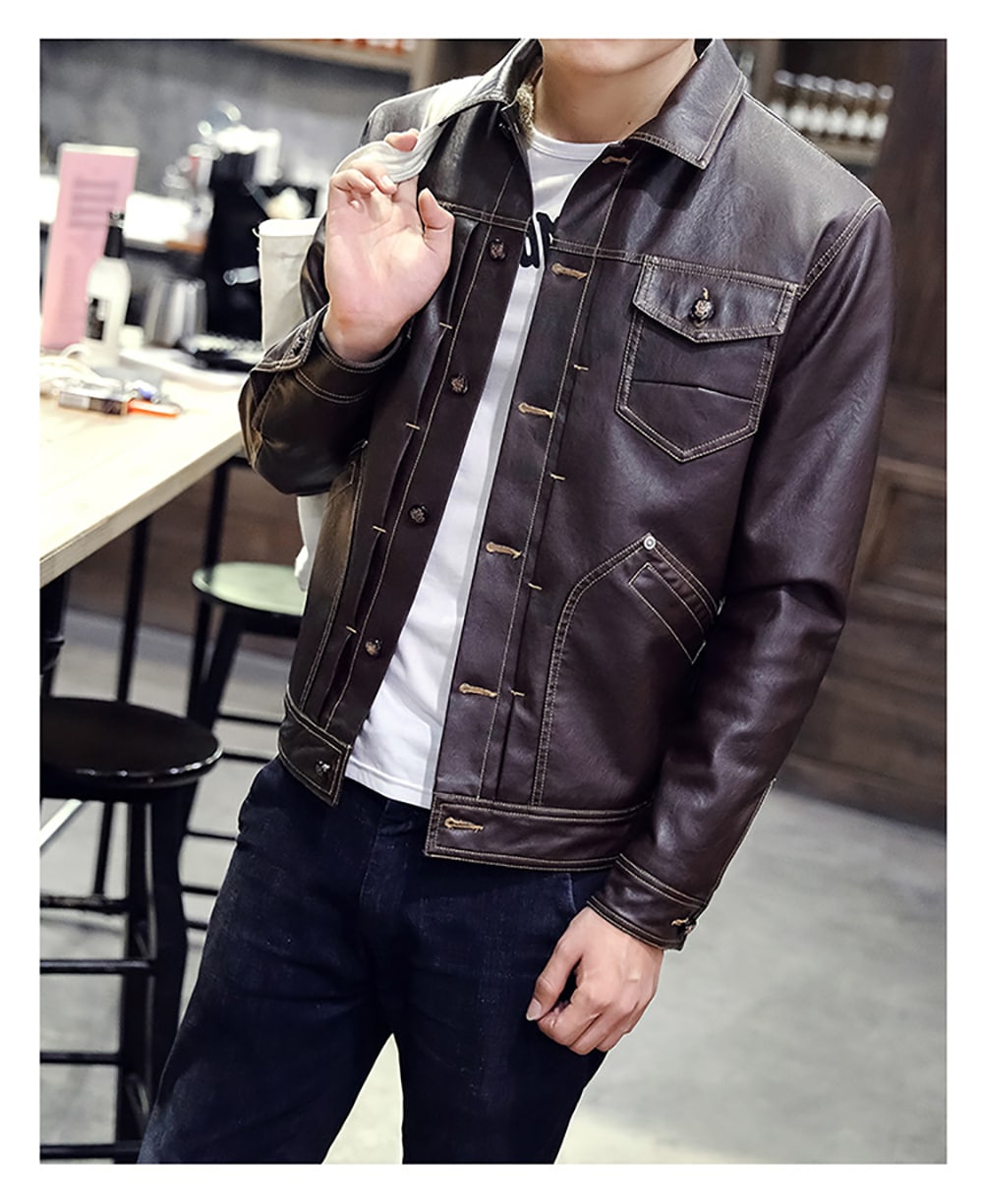 Winter Men's Casual Pu Leather Multi-Pocket Turn-Down Leather Jacket- Coffee M Winter Men's Casual Pu Leather Multi-Pocket Turn-Down Leather Jacket- Coffee M
