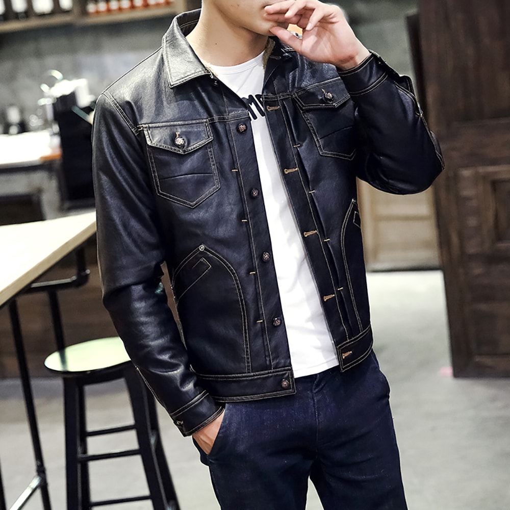 Winter Men's Casual Pu Leather Multi-Pocket Turn-Down Leather Jacket- Coffee M Winter Men's Casual Pu Leather Multi-Pocket Turn-Down Leather Jacket- Coffee M