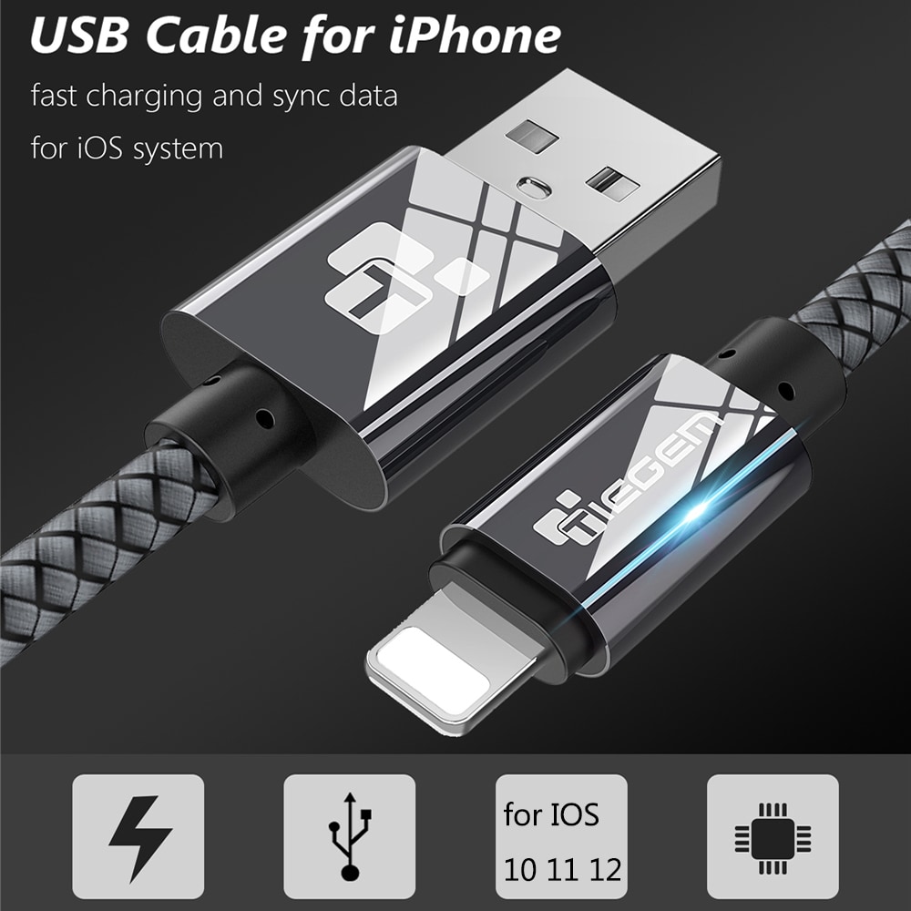 TIEGEM USB Cable for iPhone 6 7 8 Plus X XS 2A Fast Charging Mobile Phone Cables- Dark Gray 25cm TIEGEM USB Cable for iPhone 6 7 8 Plus X XS 2A Fast Charging Mobile Phone Cables- Dark Gray 25cm