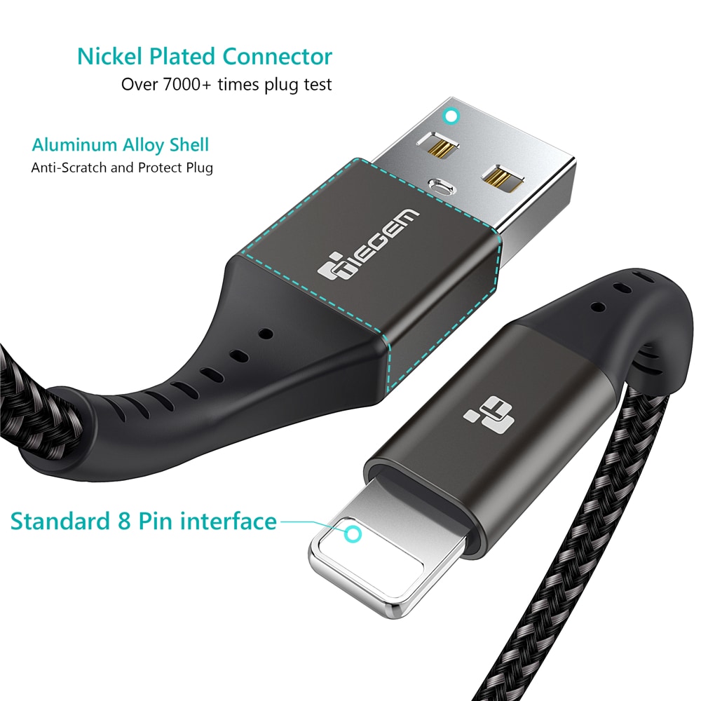 TIEGEM 2A USB Cable Fast Charging Cord for iPhone- Gray 30CM TIEGEM 2A USB Cable Fast Charging Cord for iPhone- Gray 30CM