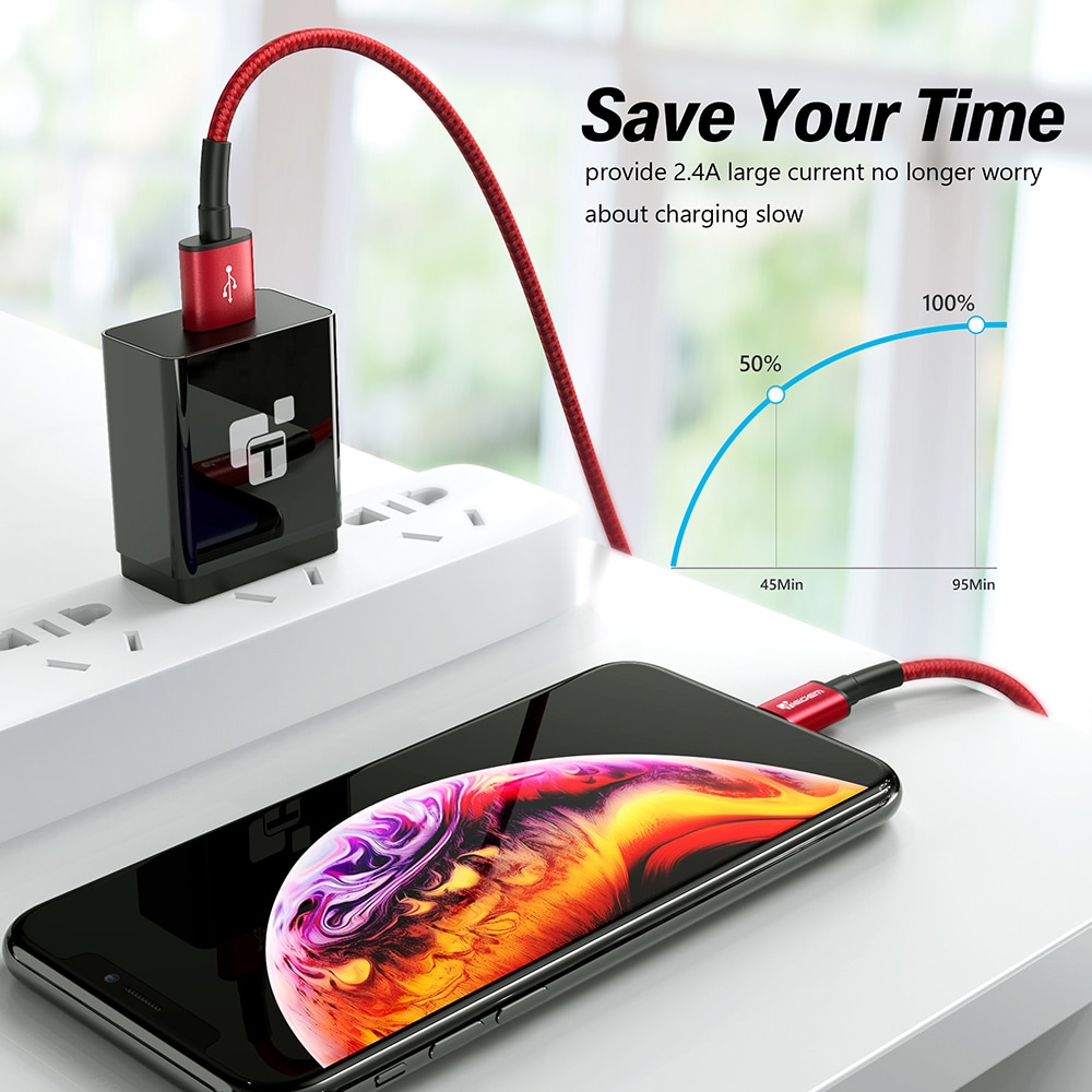 TIEGEM USB Cable for iPhone XS Max 2.4A Fast Charging USB Data Cable- Red 30CM TIEGEM USB Cable for iPhone XS Max 2.4A Fast Charging USB Data Cable- Red 30CM