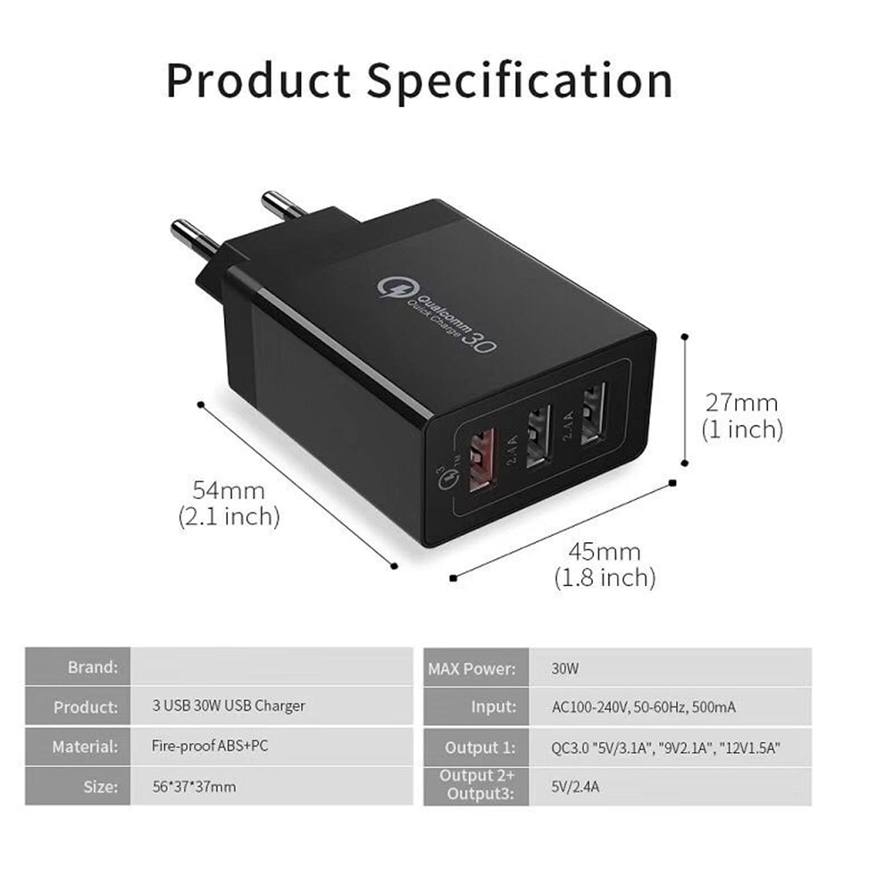 QC3.0 3-port USB Fast Wall Charger Power Adapter for Huawei / iphone / Xiaomi- Black QC3.0 3-port USB Fast Wall Charger Power Adapter for Huawei / iphone / Xiaomi- Black